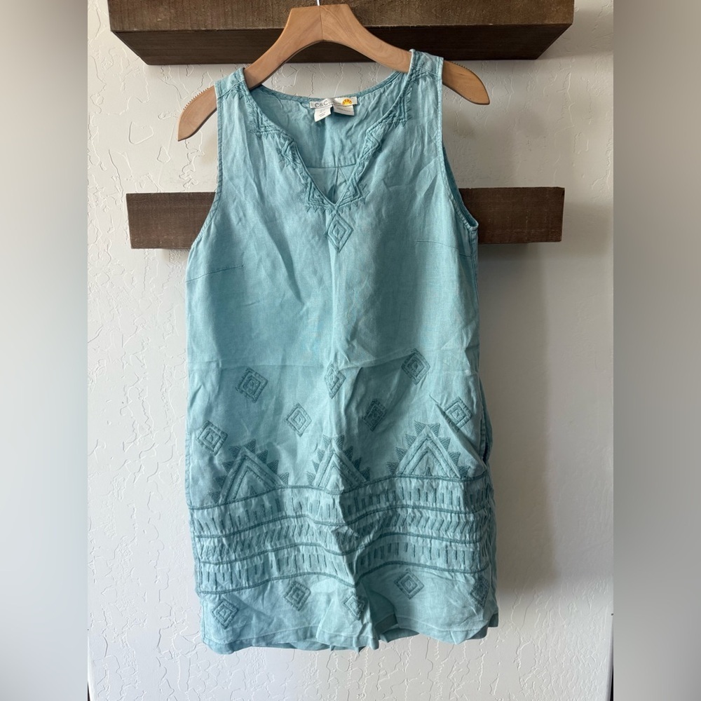 C&C California|Sky Blue Linen Tank Dress with Aztec Geometric embroidery•••Small